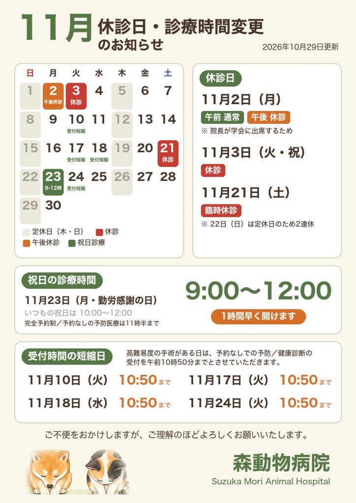 11月の休診日・診療時間変更のお知らせ。11月2日(月)午後休診、3日(火・祝)休診、21日(土)臨時休診、23日(月・祝)は9時から12時まで診療、10日・17日・18日・24日は予約なしの受付を10時50分まで。